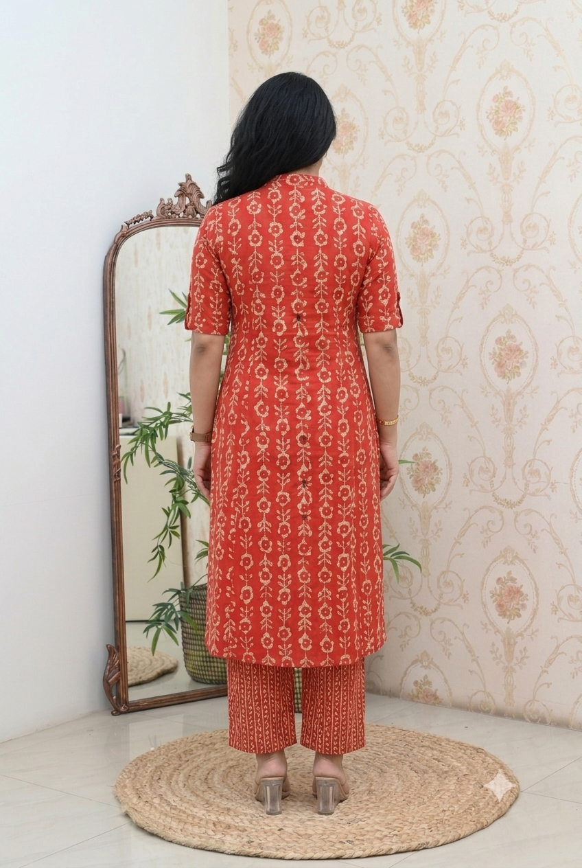 Red Cotton Printed Straight Kurta with Pant Set