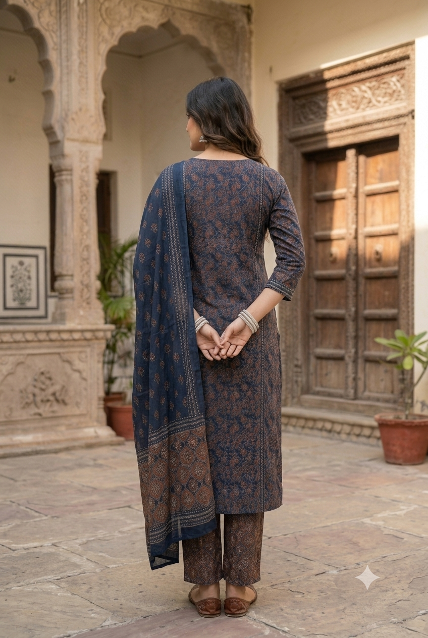 Classic Indigo Navy & Terracotta Block Print Cotton Suit Set with Embroidered Juttis & Bangles