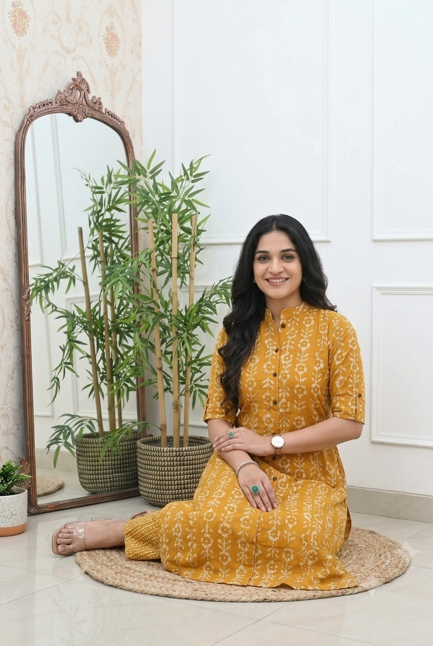 Mustard Yellow Cotton Printed Straight Kurta with Pant Set