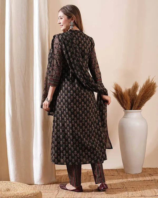 Dark Brown Cotton Floral Print Flared Kurta Pant with Dupatta Set For Women