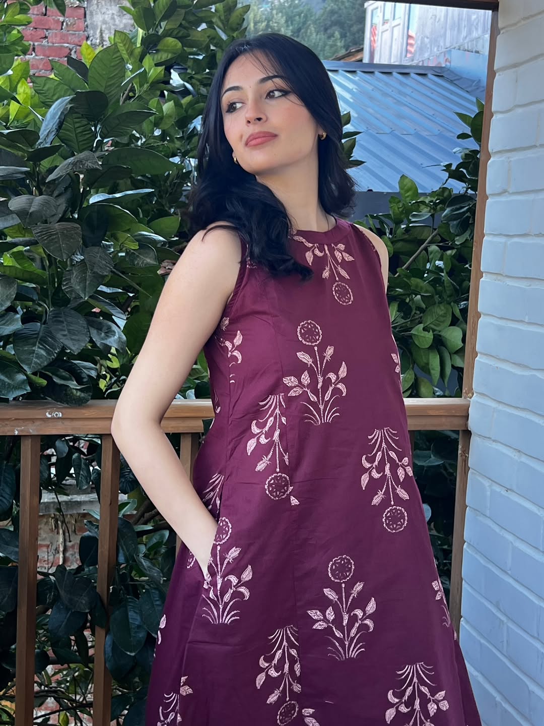 Maroon Cotton Floral Block Print Sleeveless Kurta And Pant Set For Women