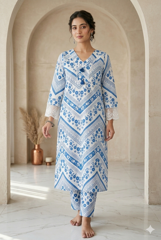 Elegant Blue and White Floral Printed Kurta Set with Lace Details - 2 Piece Co-Ord Set for Women