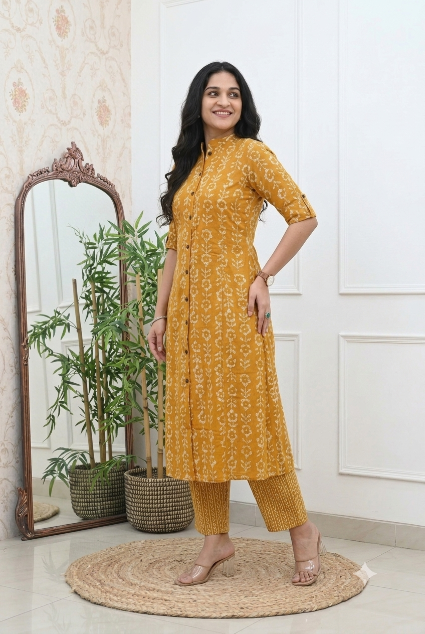 Mustard Yellow Cotton Printed Straight Kurta with Pant Set