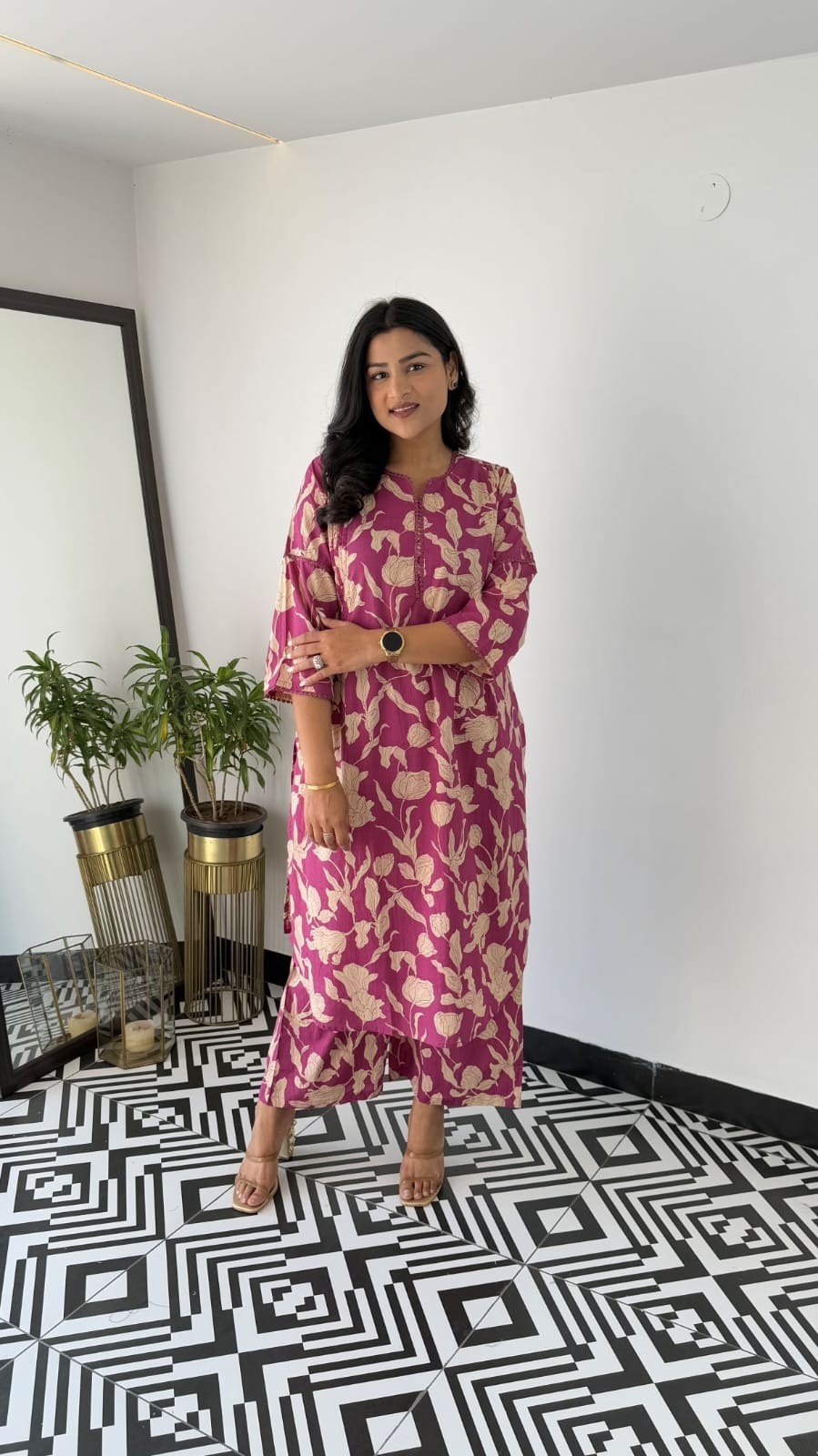 Magenta Purple Floral Vine Print Kurta Pant Set with Lace Detail For Women