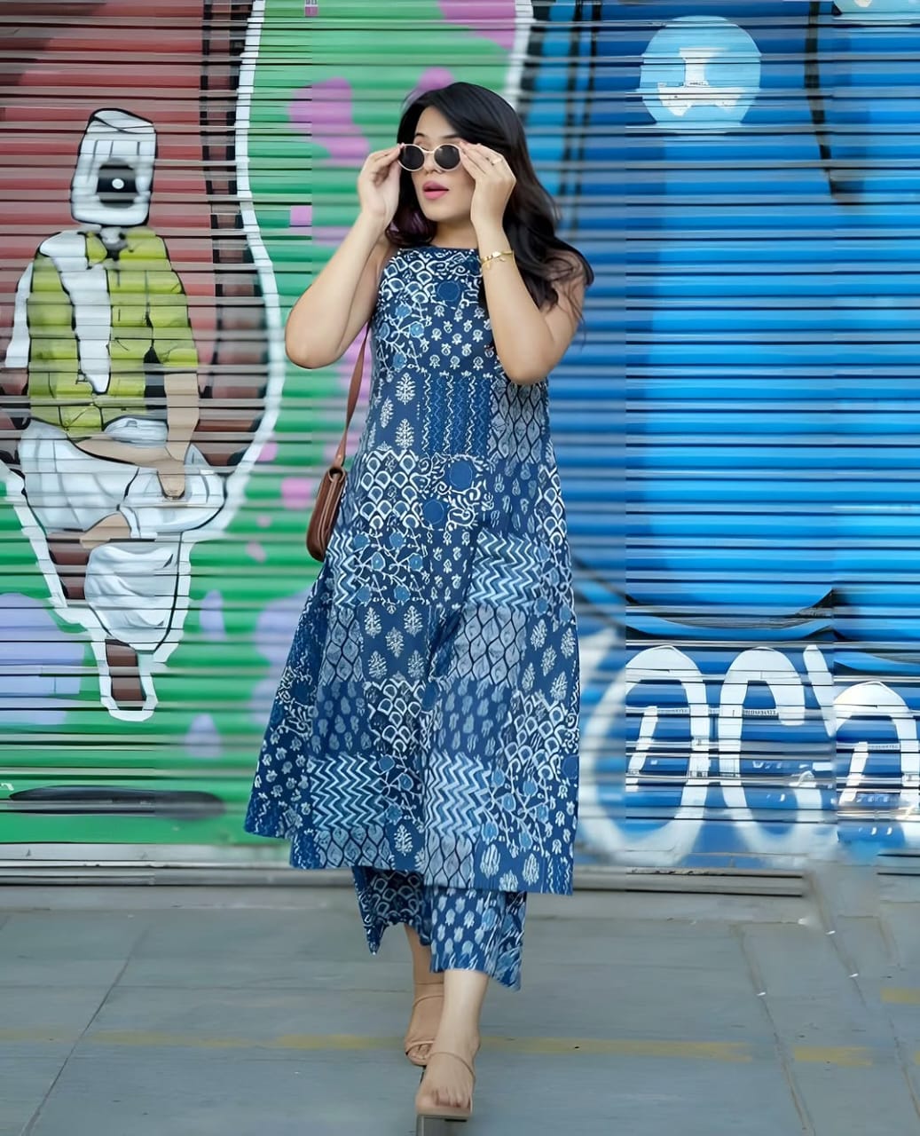 Indigo Blue Cotton Patchwork Print Sleeveless Kurta And Pant Set For Women