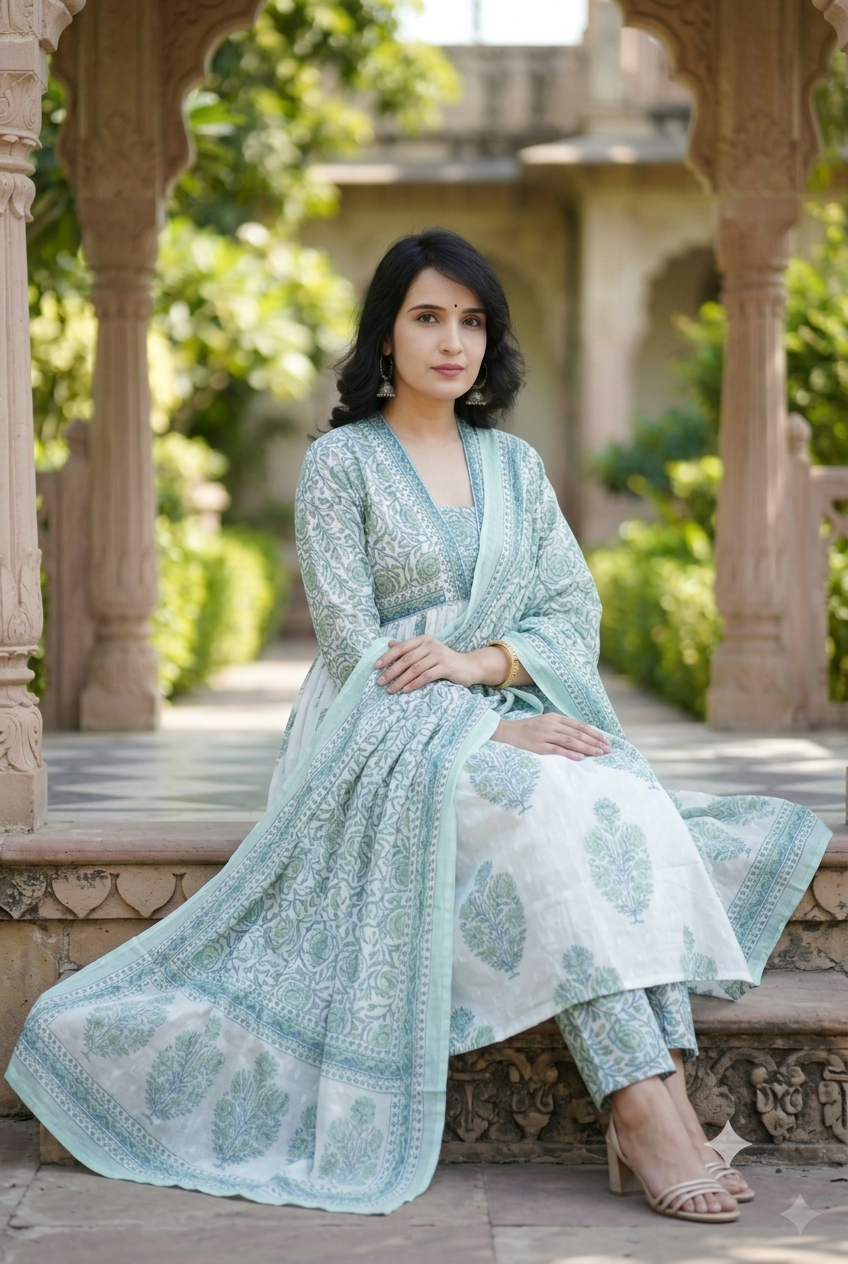 Elegant White & Mint Green Floral Printed Cotton Anarkali Kurta Set with Pant and Dupatta