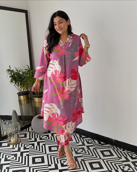 Lavender Tropical Floral Print Cotton Kurta with Pant Set For Women