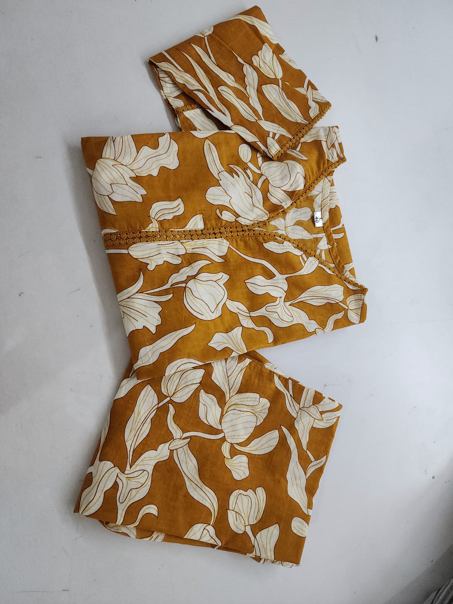 Yellow Floral Vine Print Kurta Pant Set with Lace Detail For Women