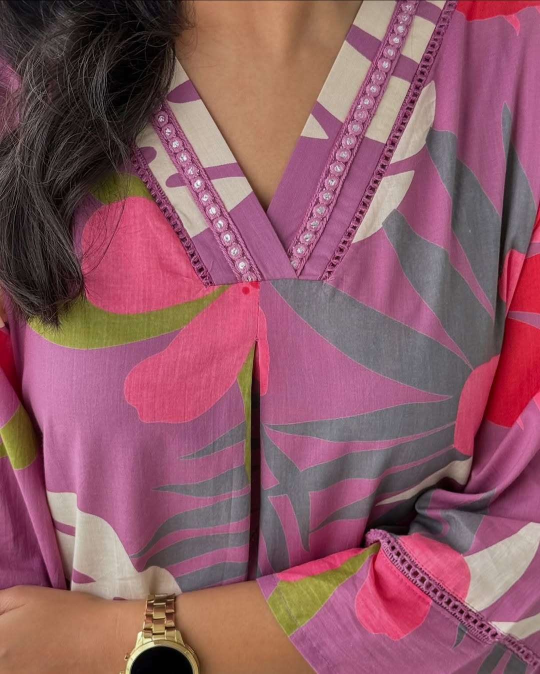 Lavender Tropical Floral Print Cotton Kurta with Pant Set For Women