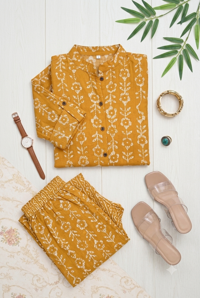 Mustard Yellow Cotton Printed Straight Kurta with Pant Set