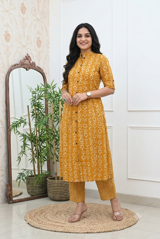 Mustard Yellow Cotton Printed Straight Kurta with Pant Set