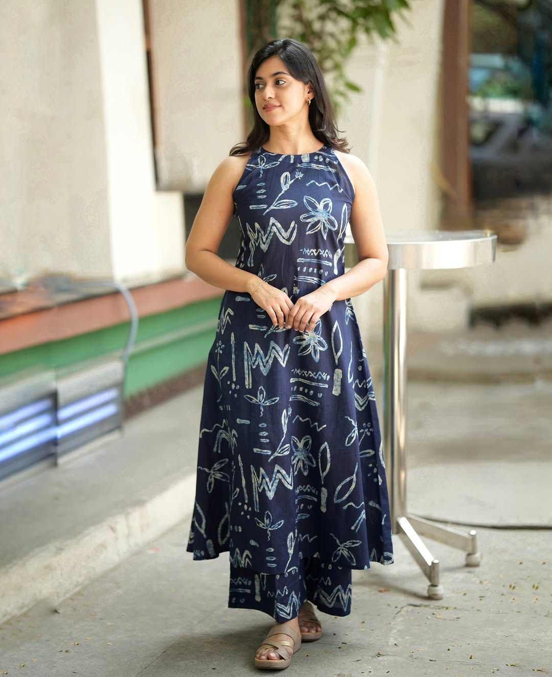 Indigo Blue Hand Block Print Halter Neck Kurta with Palazzo Set