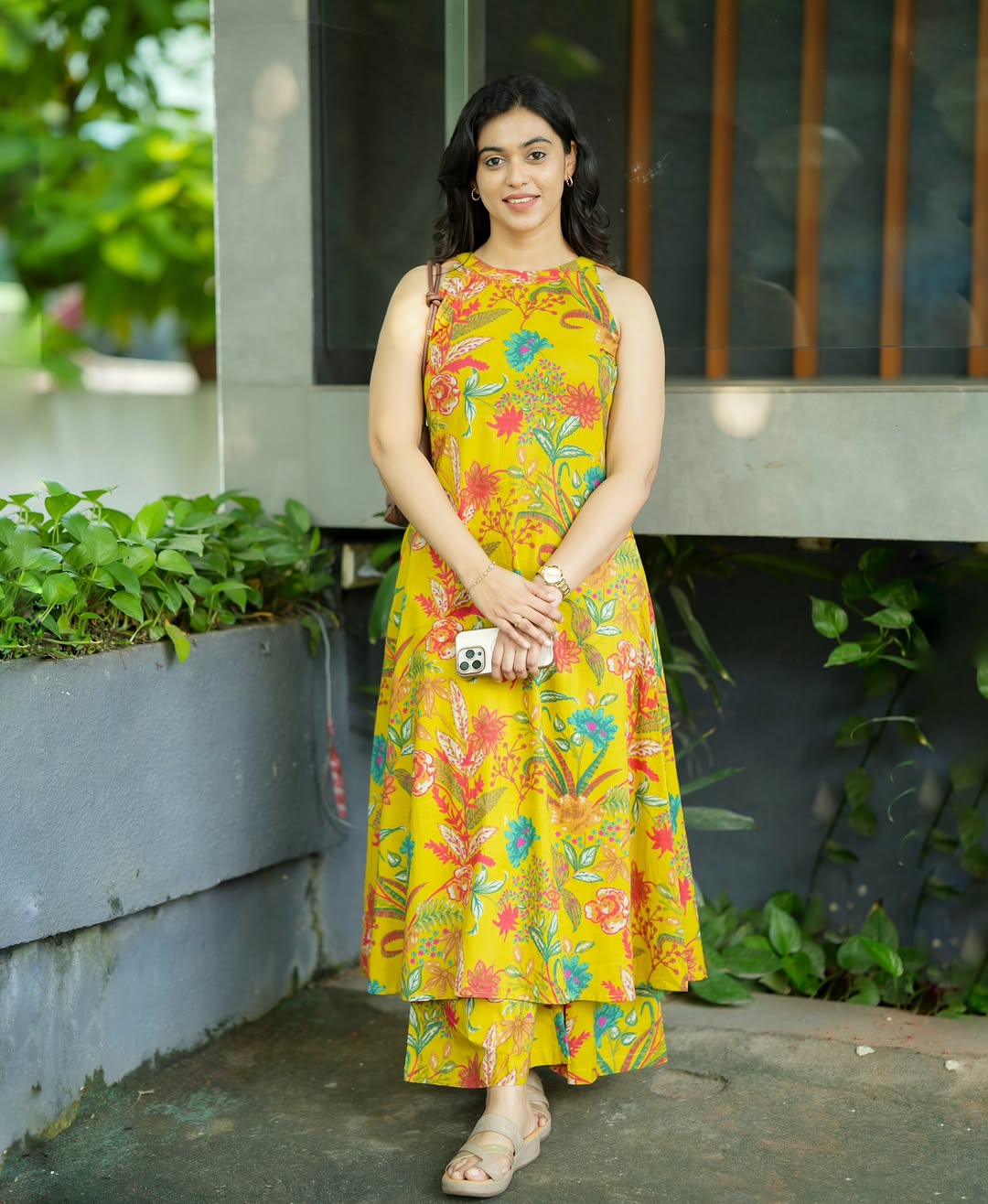 Yellow Cotton Floral Print Sleeveless Kurta And Pant Set For Women