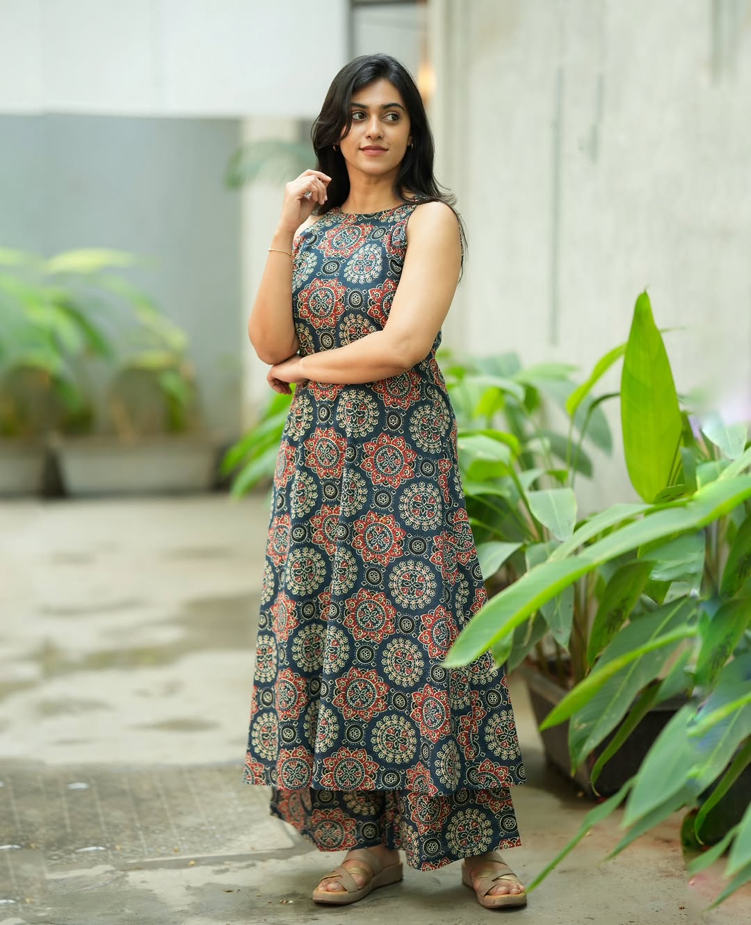Elegant Dark Teal Mandana Block Print High-Low Kurta with Palazzo Set