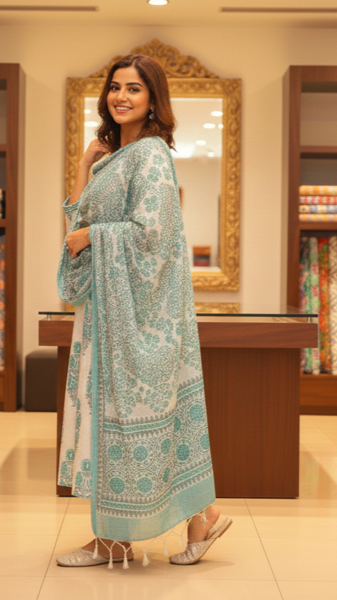 White & Teal Blue Floral Block Print Cotton Anarkali Suit Set with Dupatta For Women