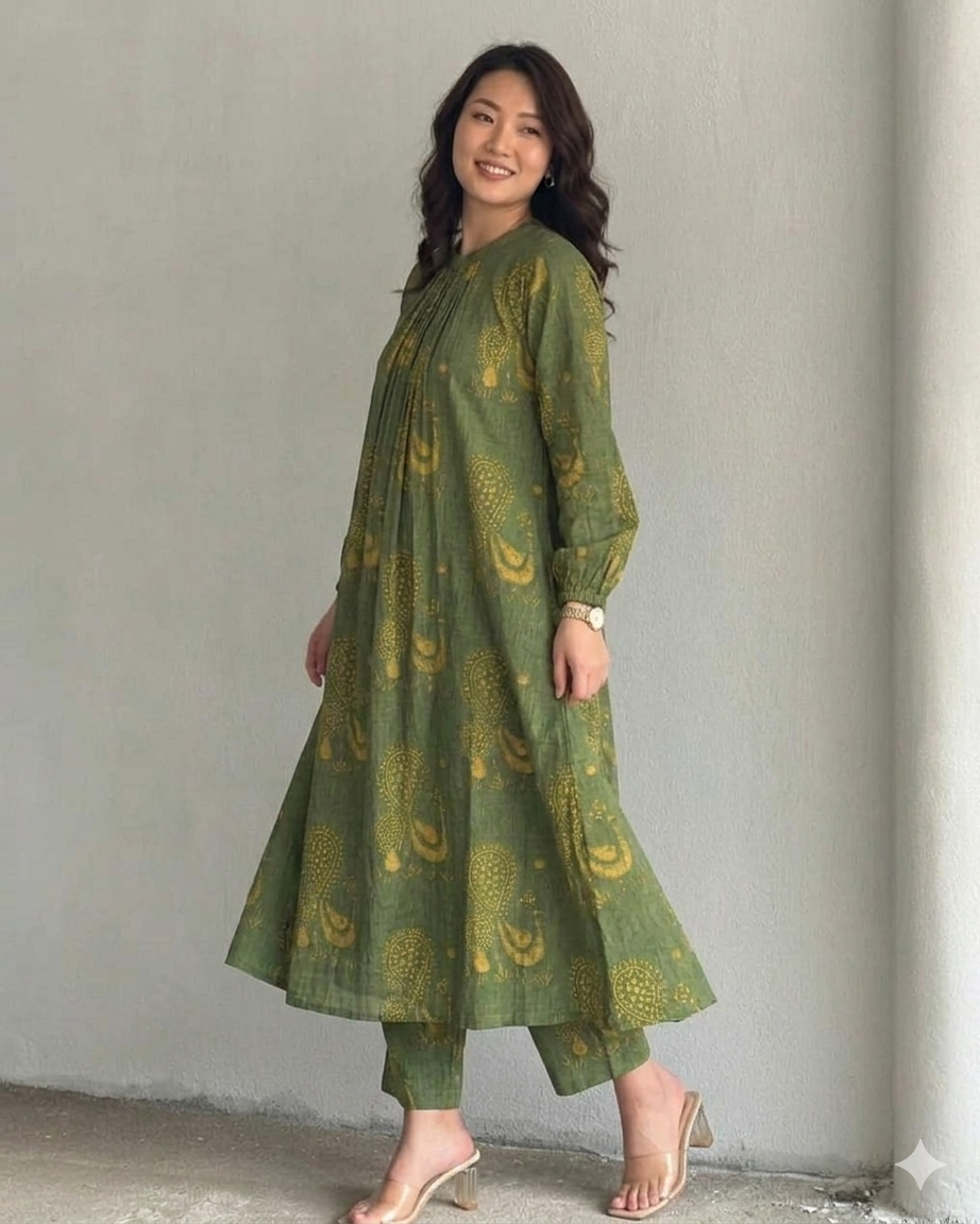 Women's Olive Green Printed Ethnic Co-ord Set