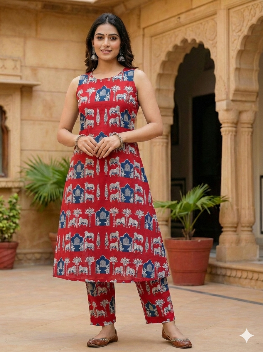 Red Sleeveless Cotton Elephant Print Kurta with Pant Set For Women