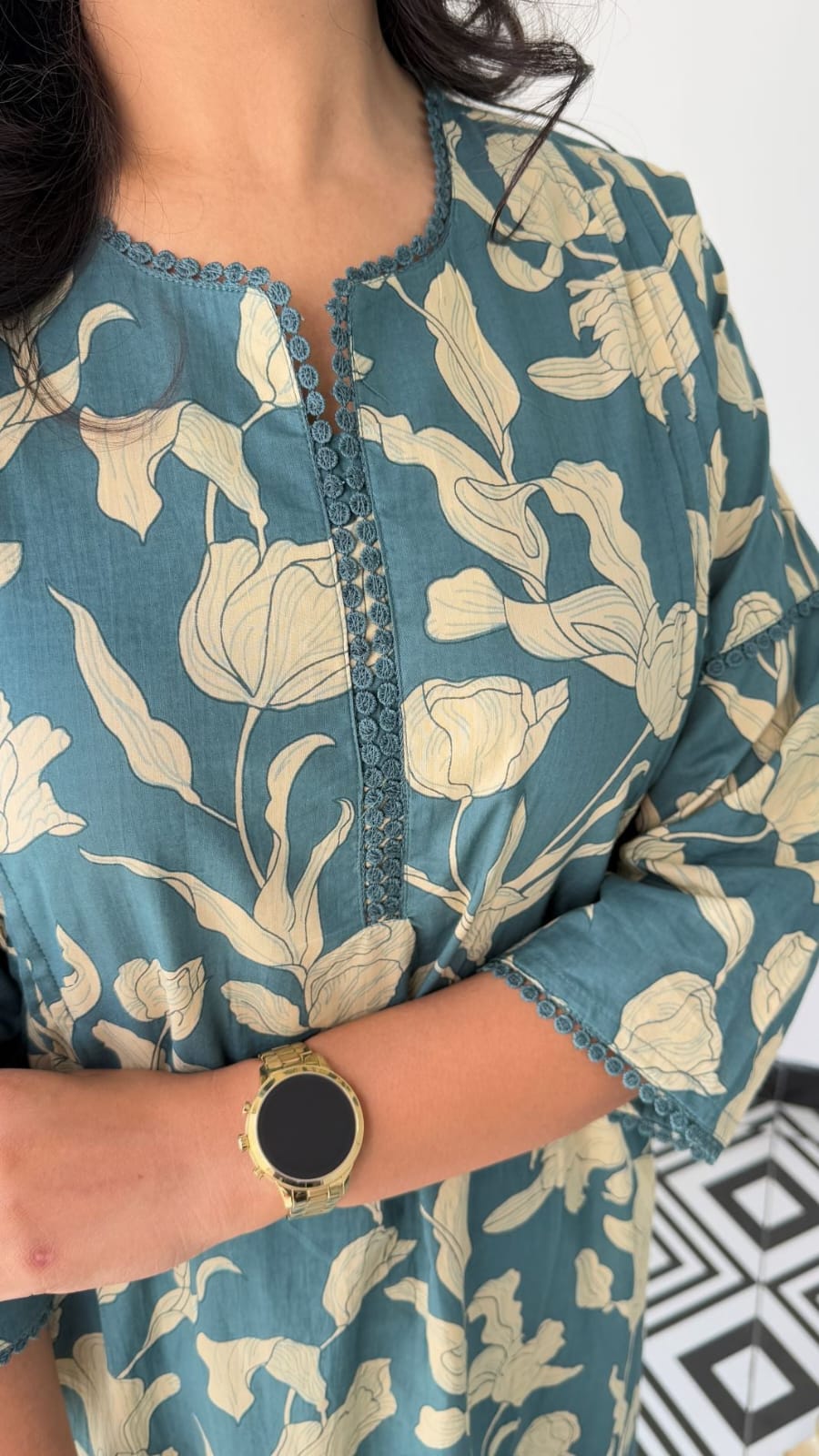 Blue Floral Vine Print Kurta Pant Set with Lace Detail For Women