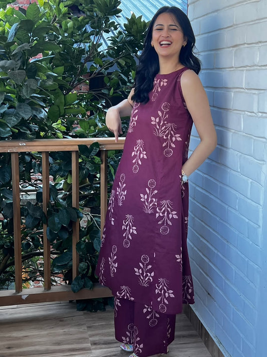 Maroon Cotton Floral Block Print Sleeveless Kurta And Pant Set For Women