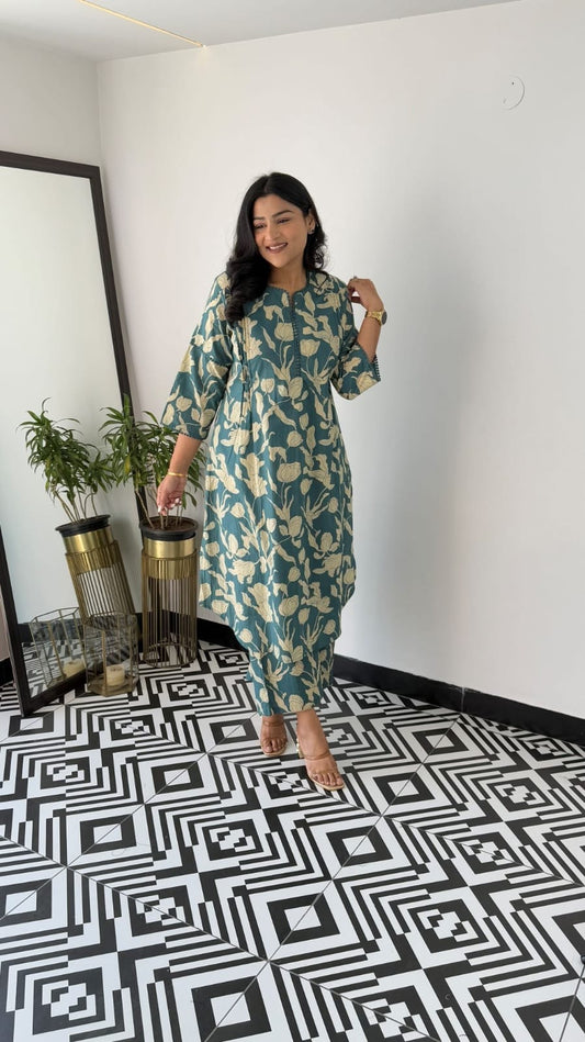 Blue Floral Vine Print Kurta Pant Set with Lace Detail For Women