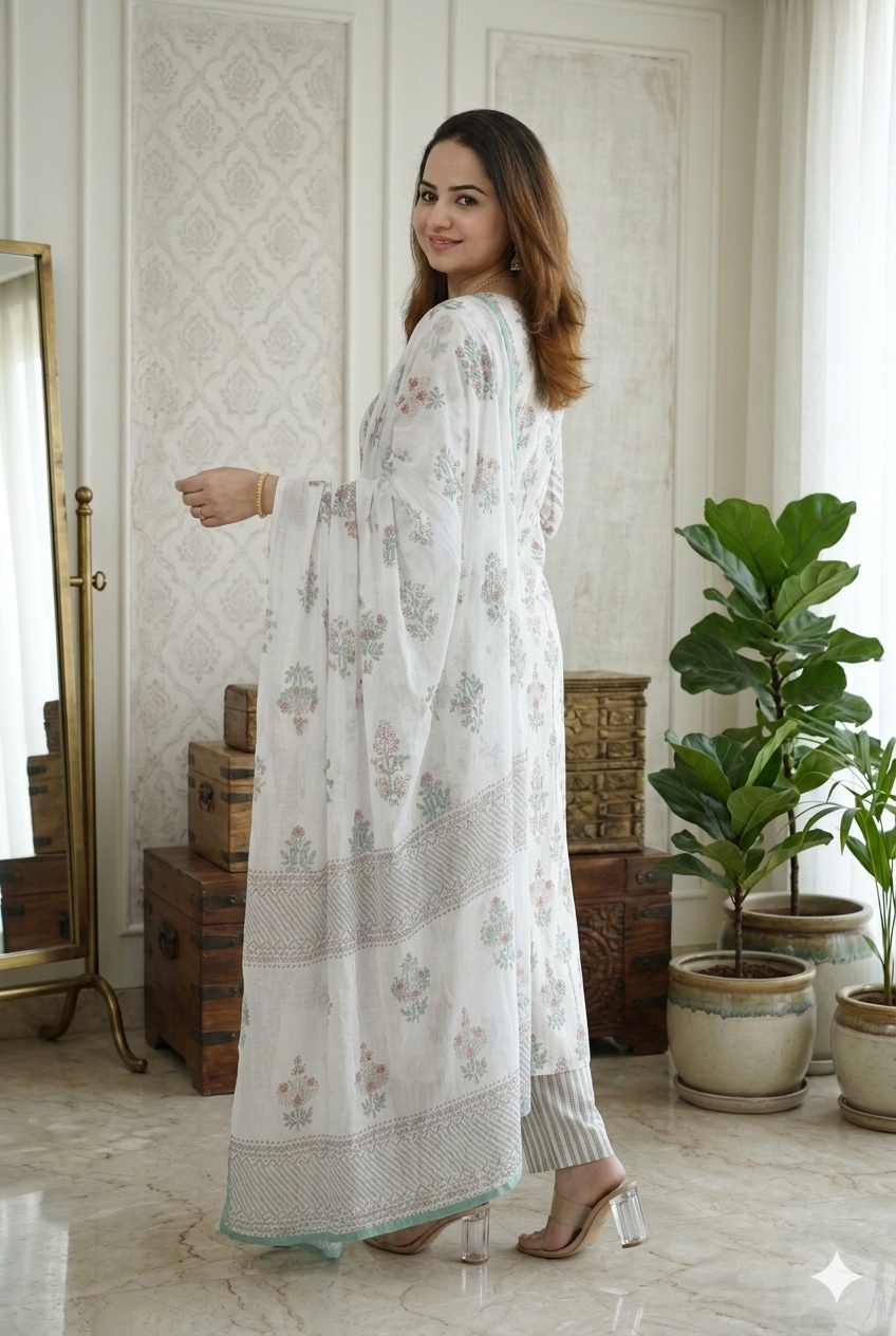 Off-White Cotton Kurta Set with Sage Green Floral Butis & Striped Pants
