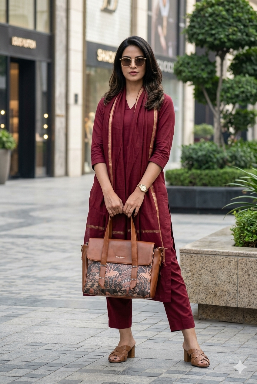 Regal Maroon Pure Cotton Co-Ord Set with Golden Zari Embroidered Borders