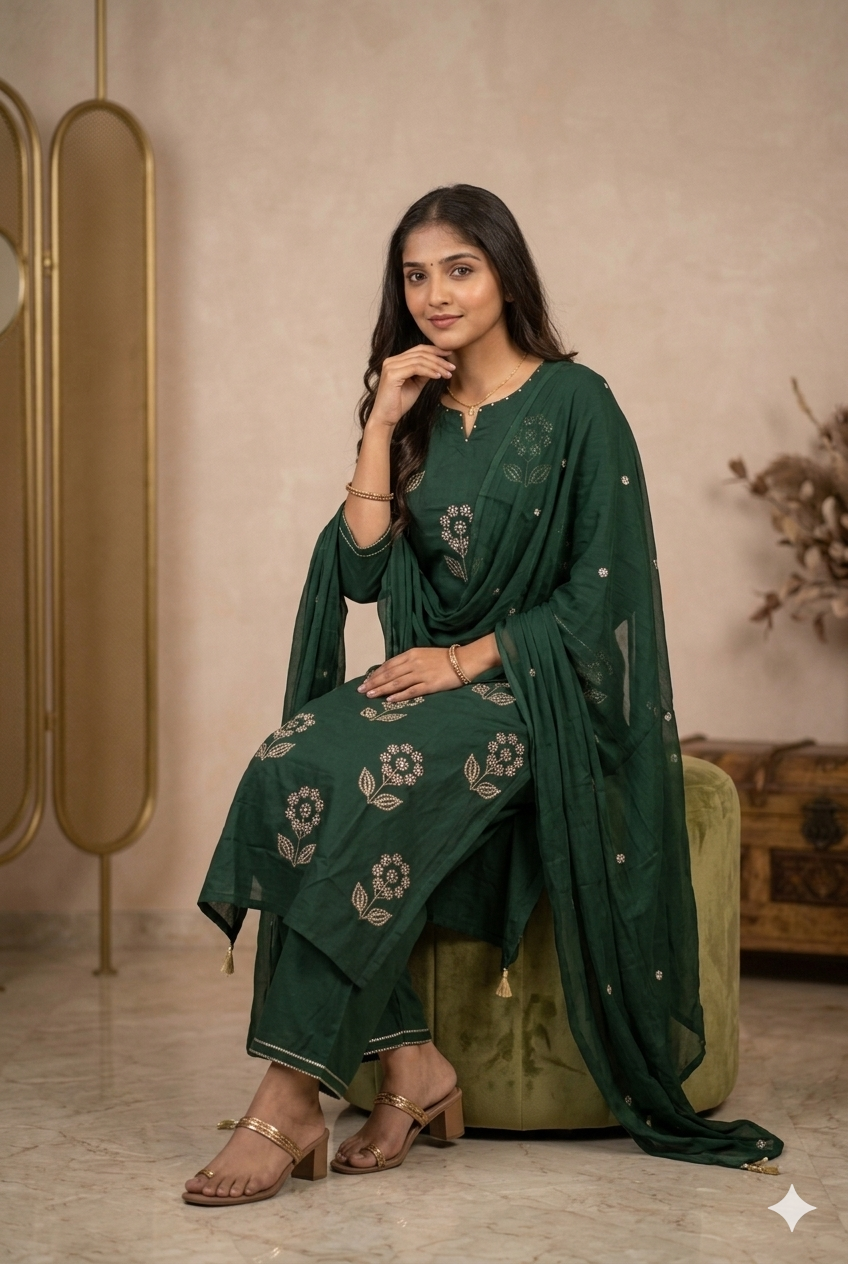 Elegant Bottle Green Floral Embroidered Kurta Set with Pant & Dupatta