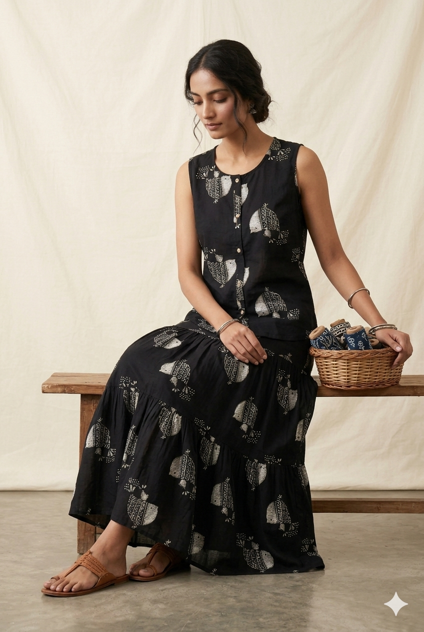 Midnight Block-Print Tiered Co-ord Set
