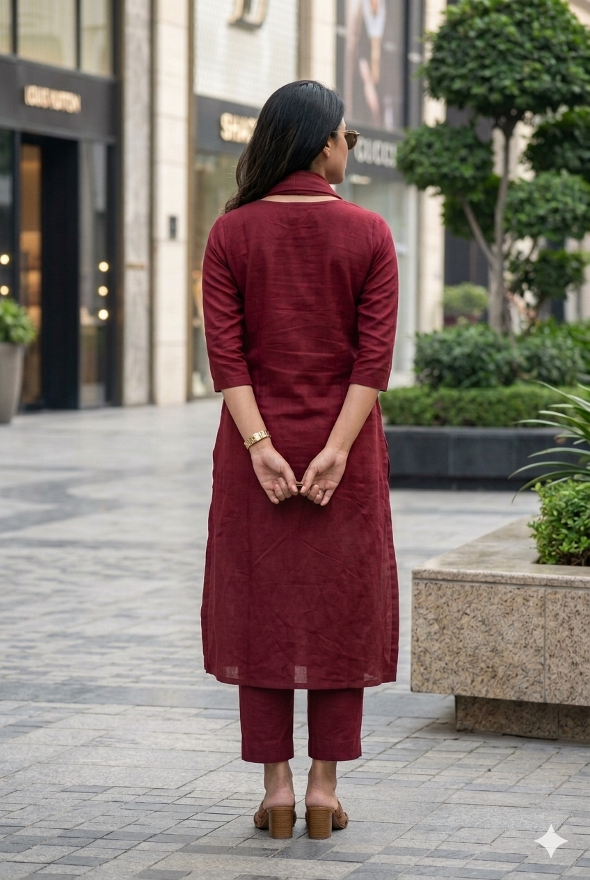 Regal Maroon Pure Cotton Co-Ord Set with Golden Zari Embroidered Borders