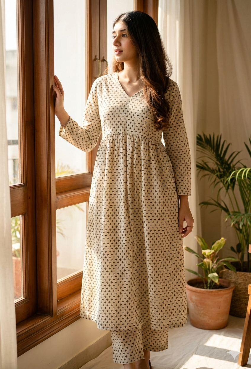 Beige Cotton Motif Print Kurta And Pant Set For Women