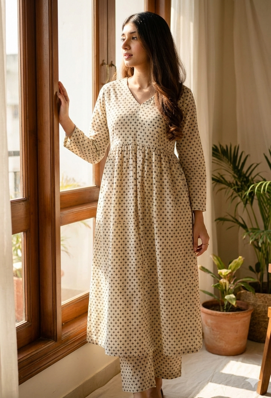 Beige Cotton Motif Print Kurta And Pant Set For Women