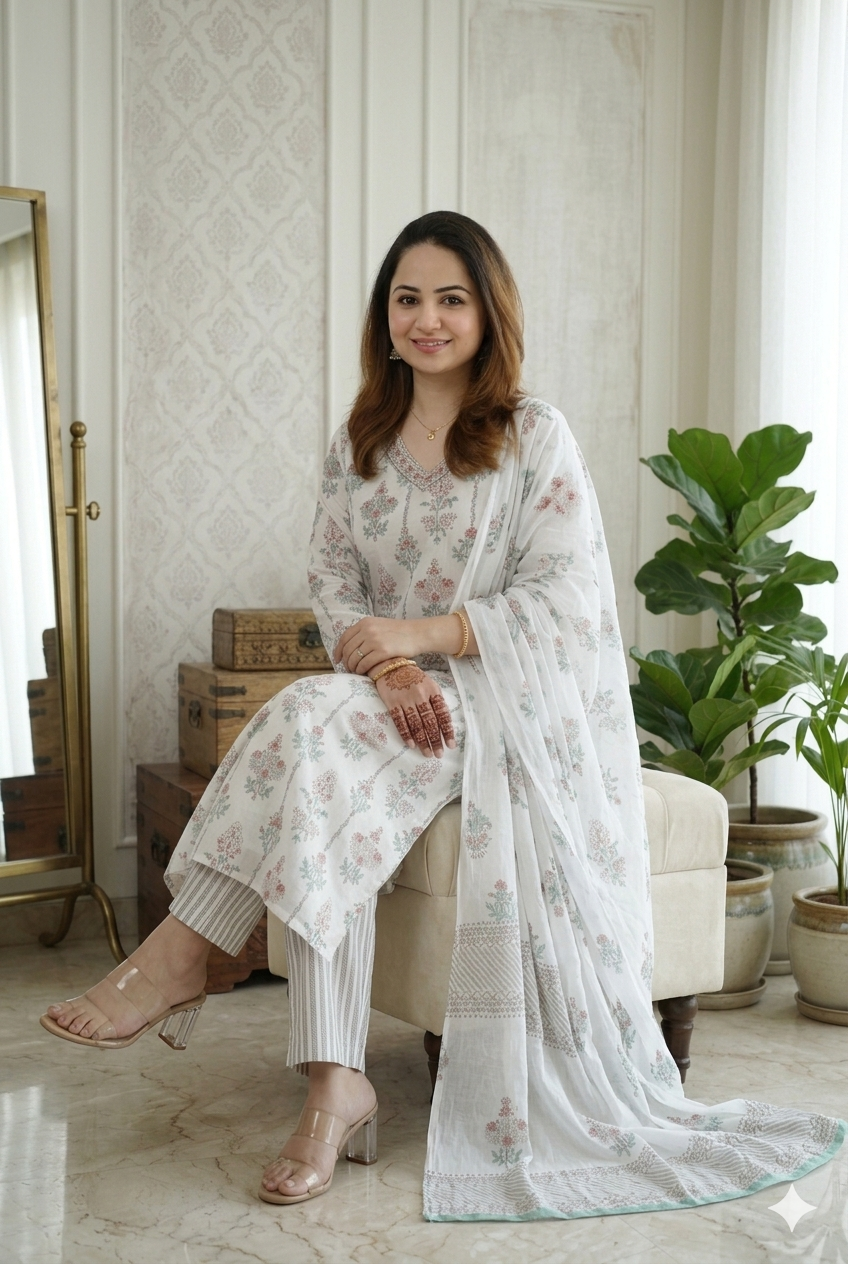 Off-White Cotton Kurta Set with Sage Green Floral Butis & Striped Pants