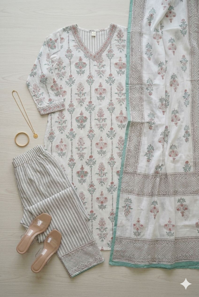 Off-White Cotton Kurta Set with Sage Green Floral Butis & Striped Pants