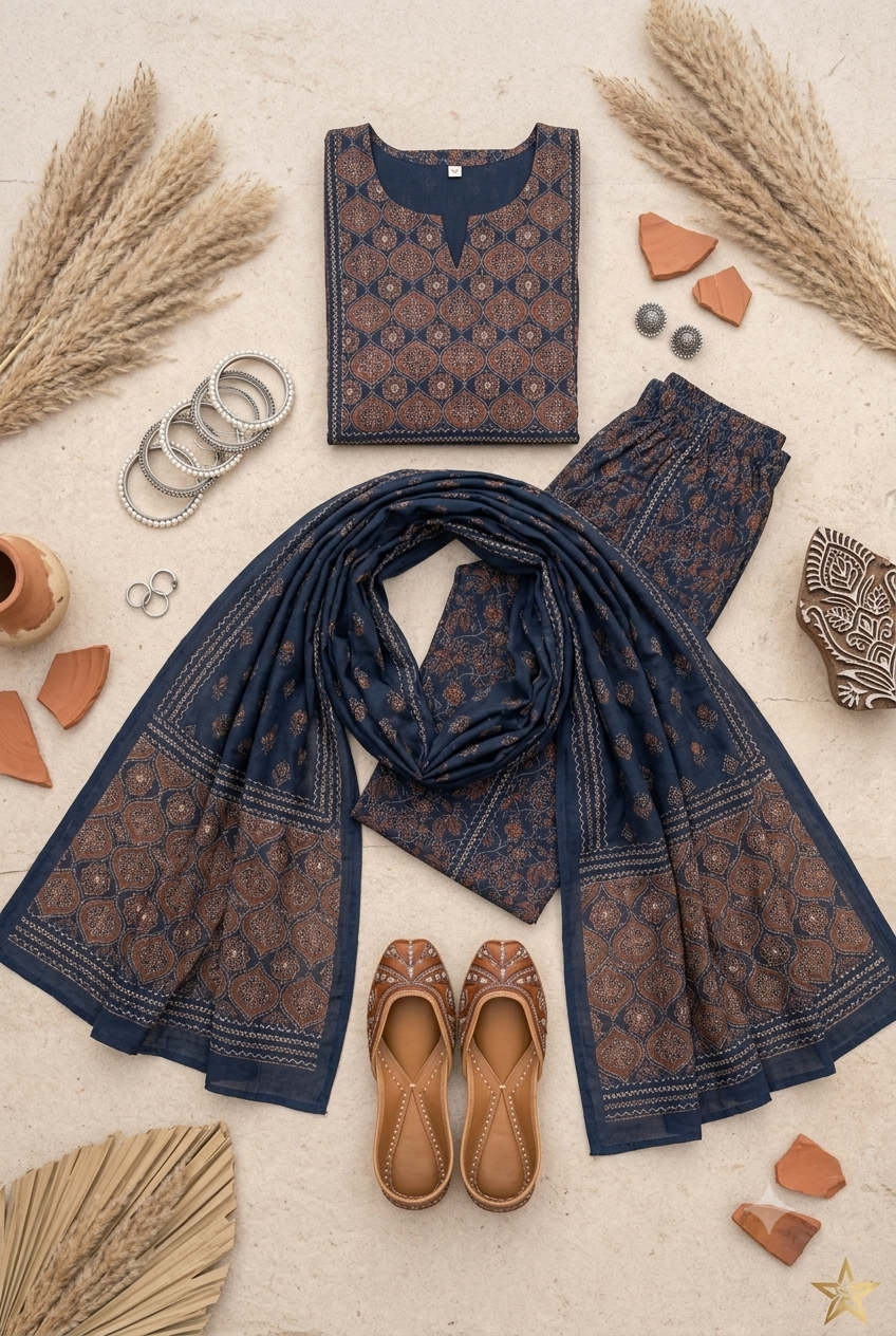 Classic Indigo Navy & Terracotta Block Print Cotton Suit Set with Embroidered Juttis & Bangles
