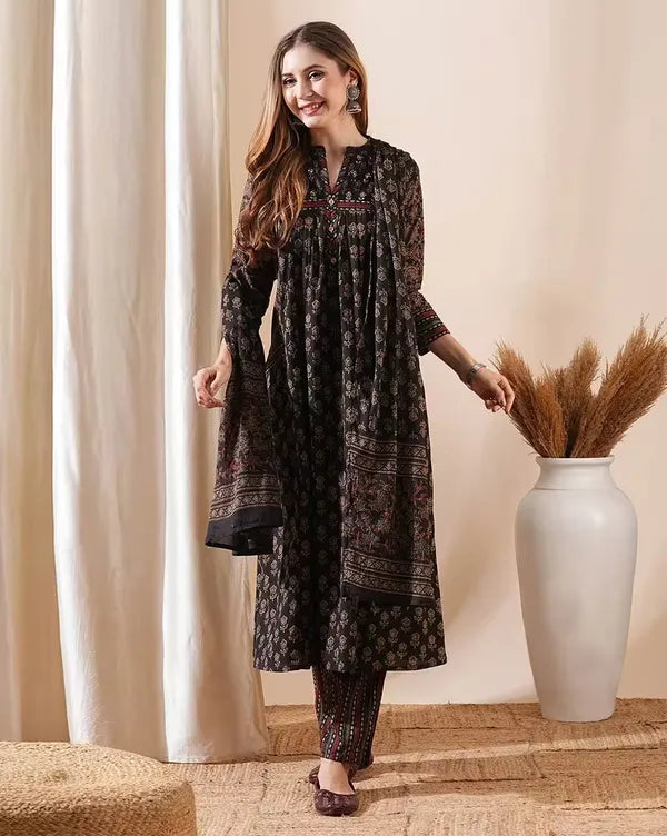 Dark Brown Cotton Floral Print Flared Kurta Pant with Dupatta Set For Women