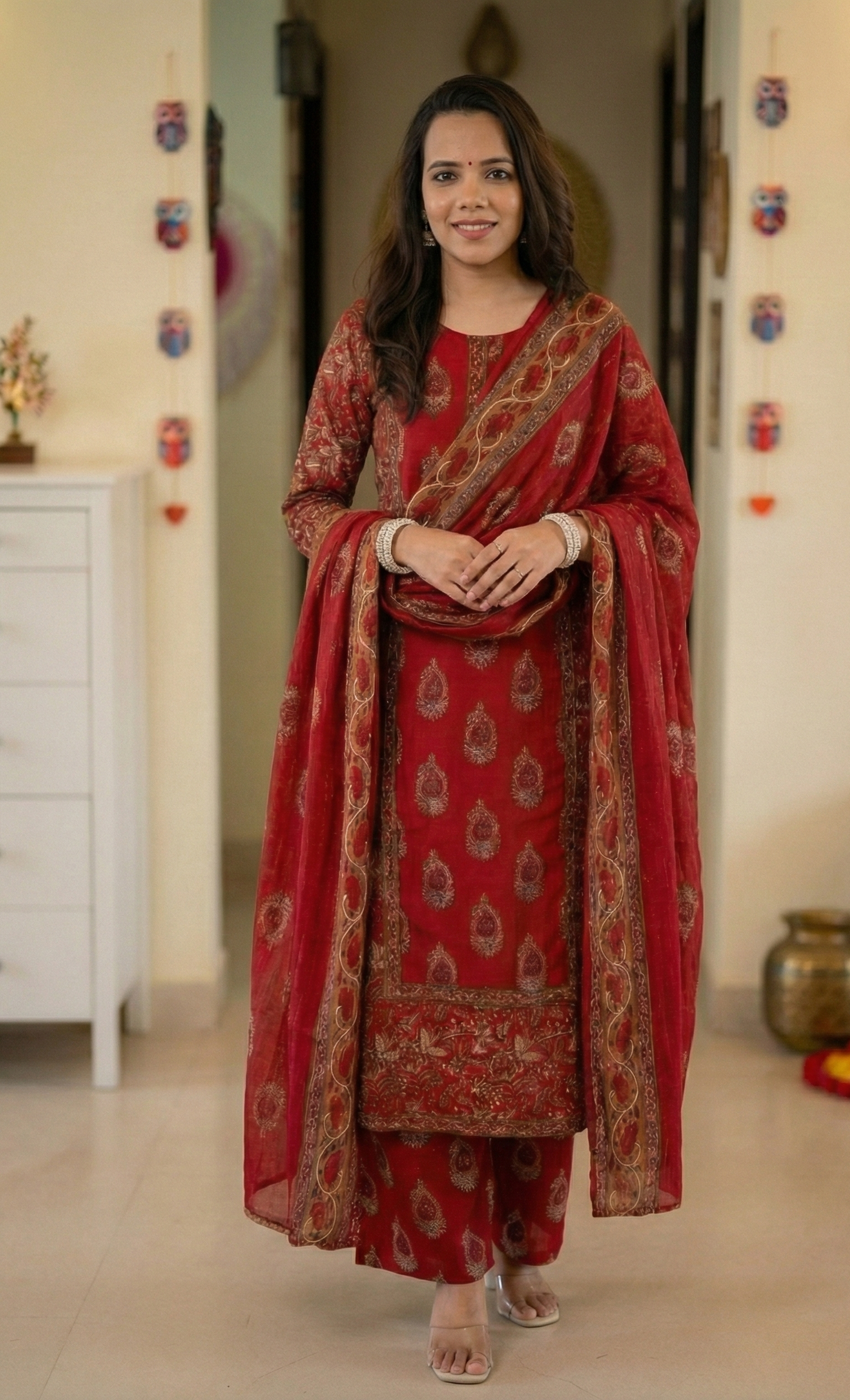 Red And Gold Cotton Block-Printed Traditional Kurta Pant Set with Dupatta For Women