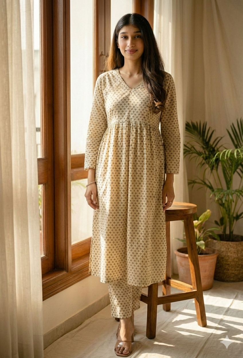 Beige Cotton Motif Print Kurta And Pant Set For Women
