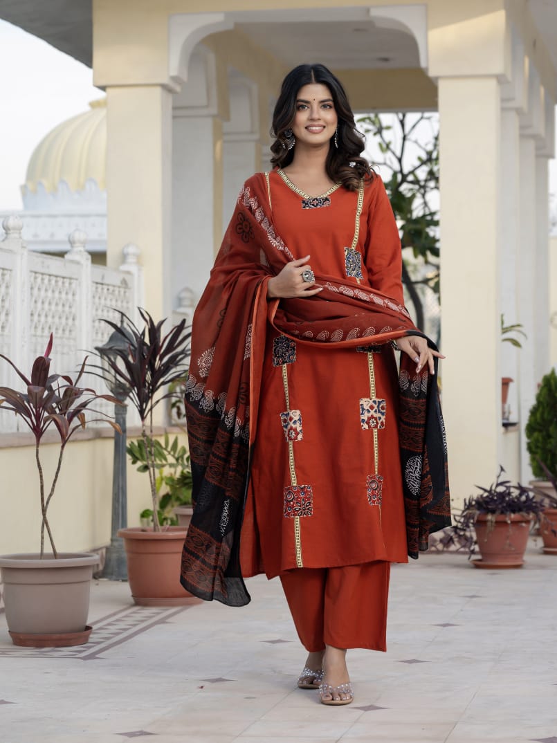 Classic Orange Cotton Patch Detailing Kurta Set with Dupatta For Women