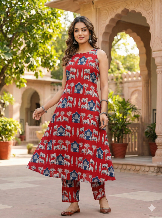 Red Sleeveless Cotton Elephant Print Kurta with Pant Set For Women