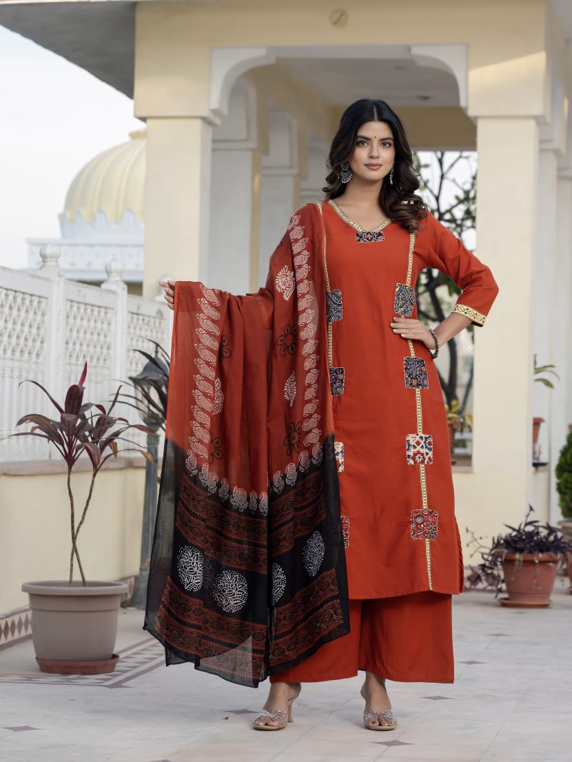Classic Orange Cotton Patch Detailing Kurta Set with Dupatta For Women