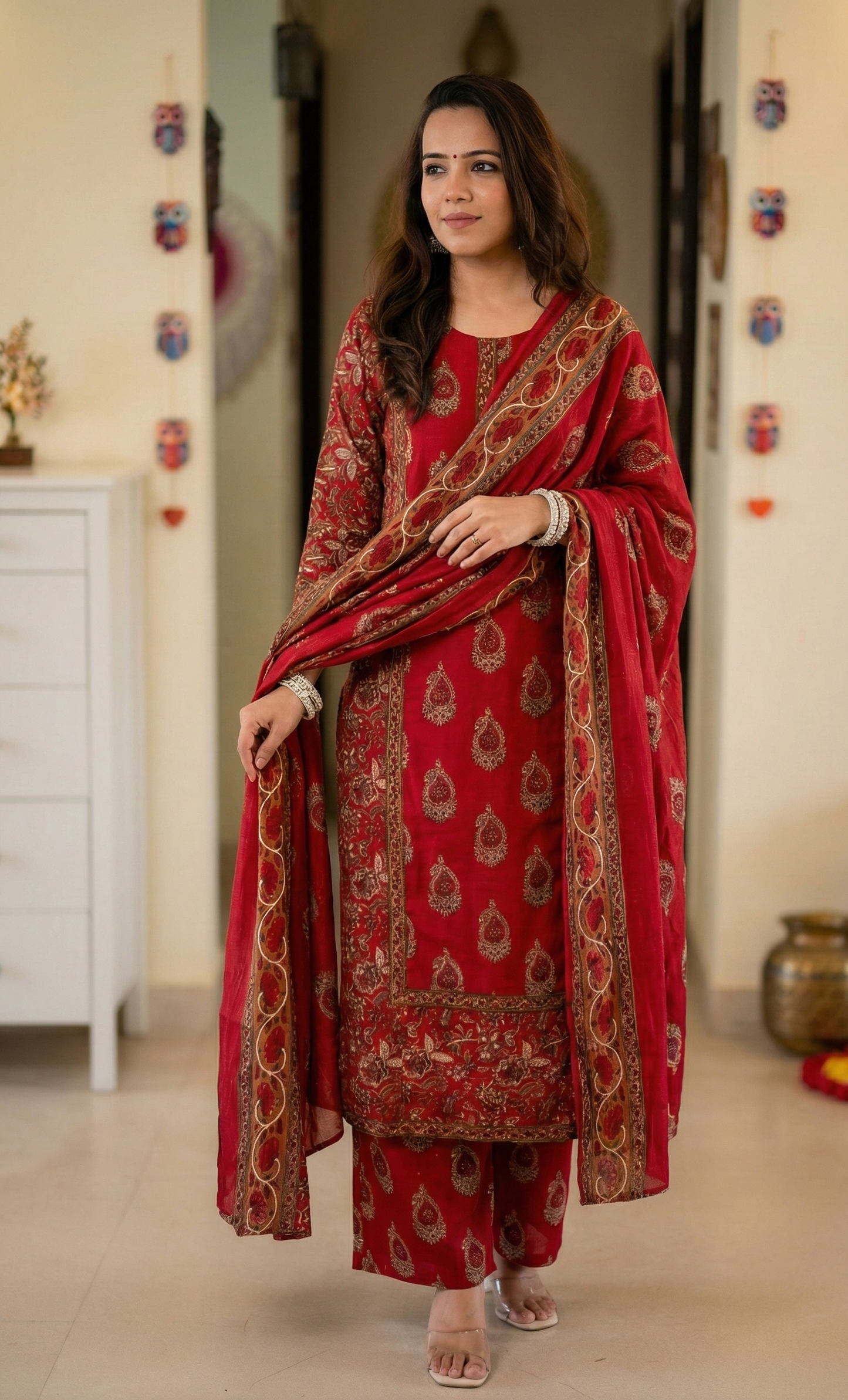 Red And Gold Cotton Block-Printed Traditional Kurta Pant Set with Dupatta For Women