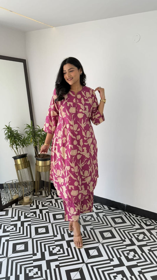 Magenta Purple Floral Vine Print Kurta Pant Set with Lace Detail For Women