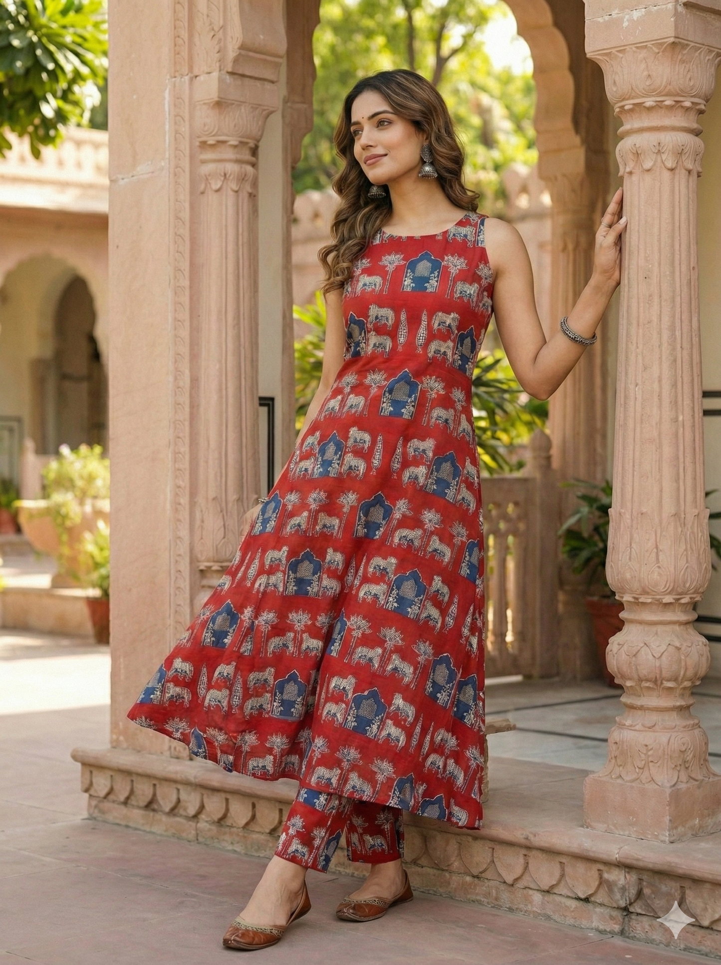 Red Sleeveless Cotton Elephant Print Kurta with Pant Set For Women