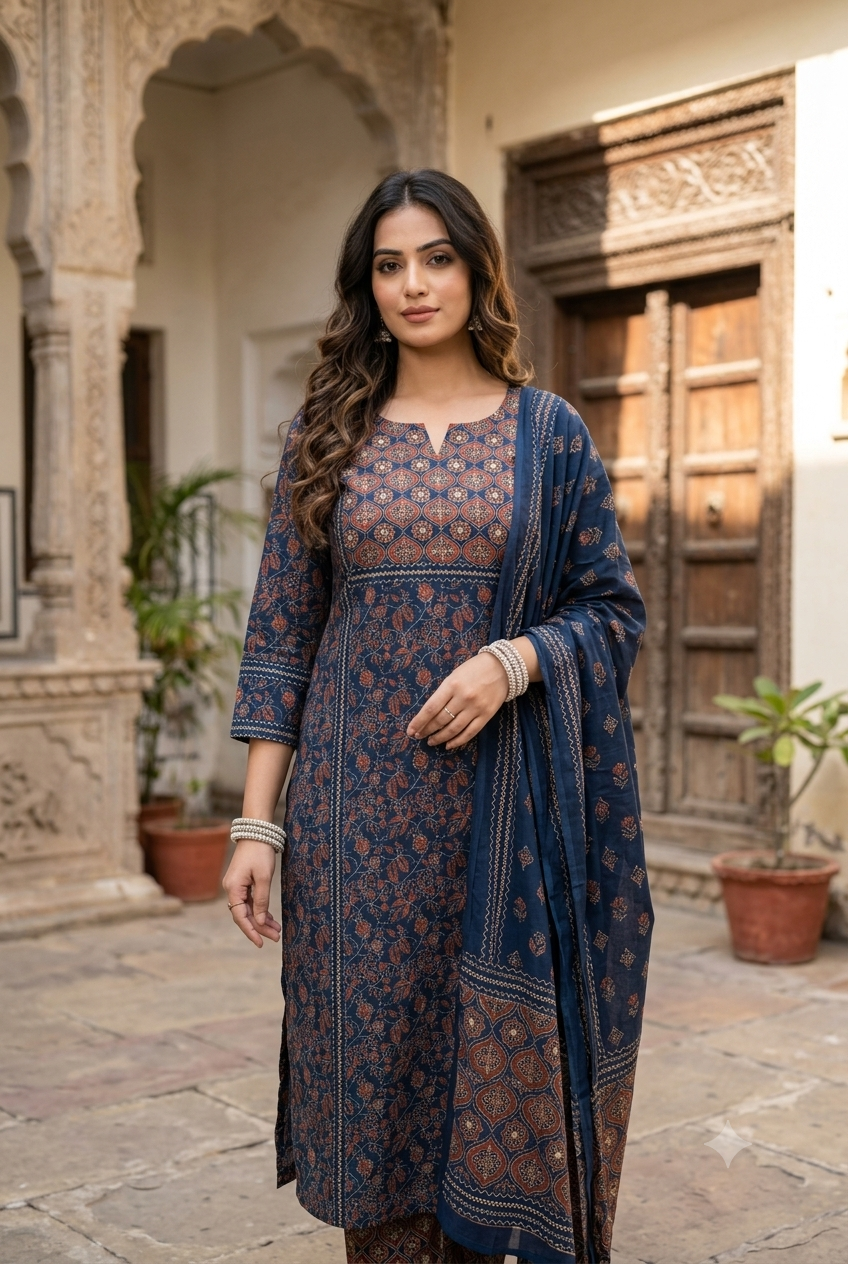 Classic Indigo Navy & Terracotta Block Print Cotton Suit Set with Embroidered Juttis & Bangles