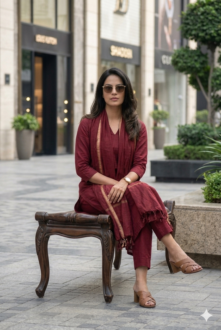 Regal Maroon Pure Cotton Co-Ord Set with Golden Zari Embroidered Borders