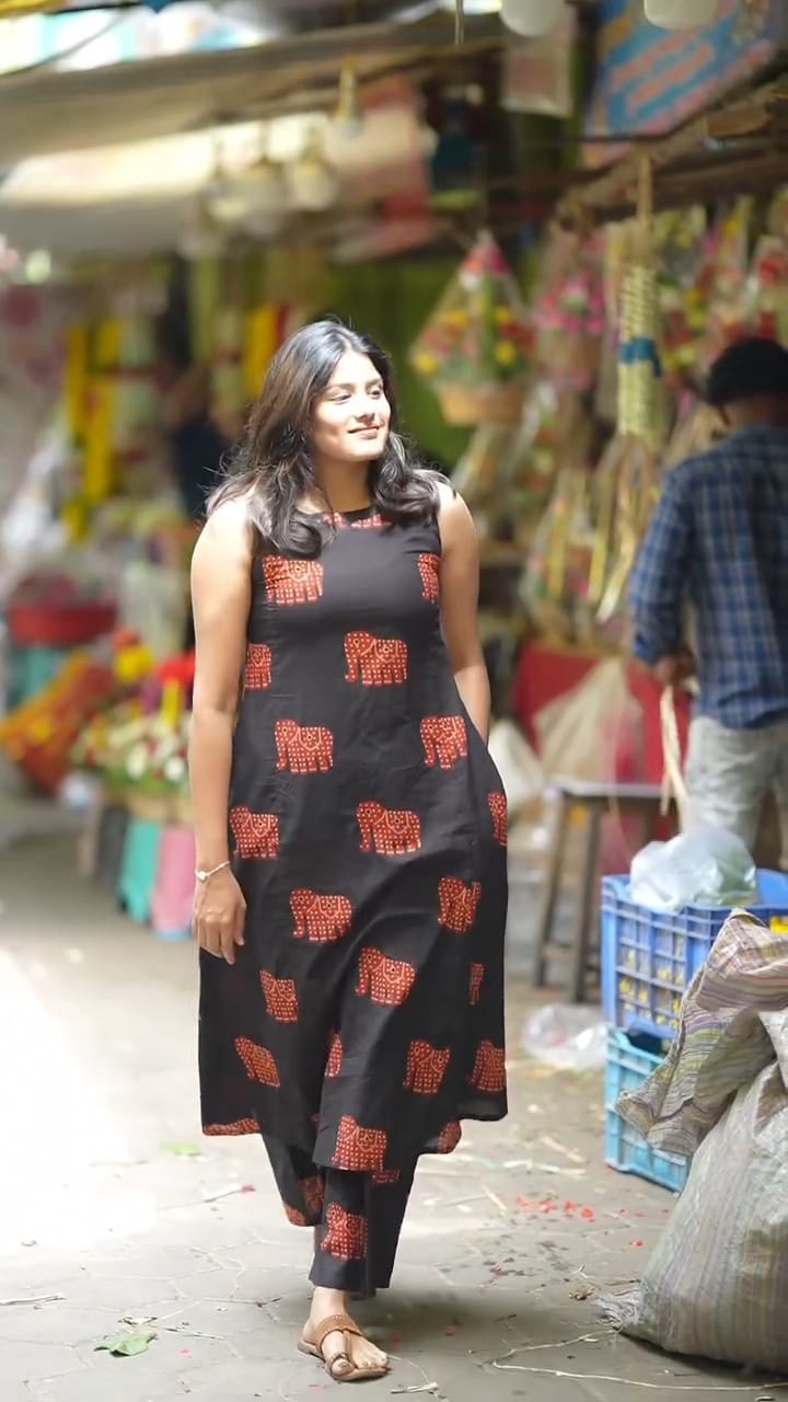 Black And Red Cotton Elephant Motifs Kurta Pant Set For Women