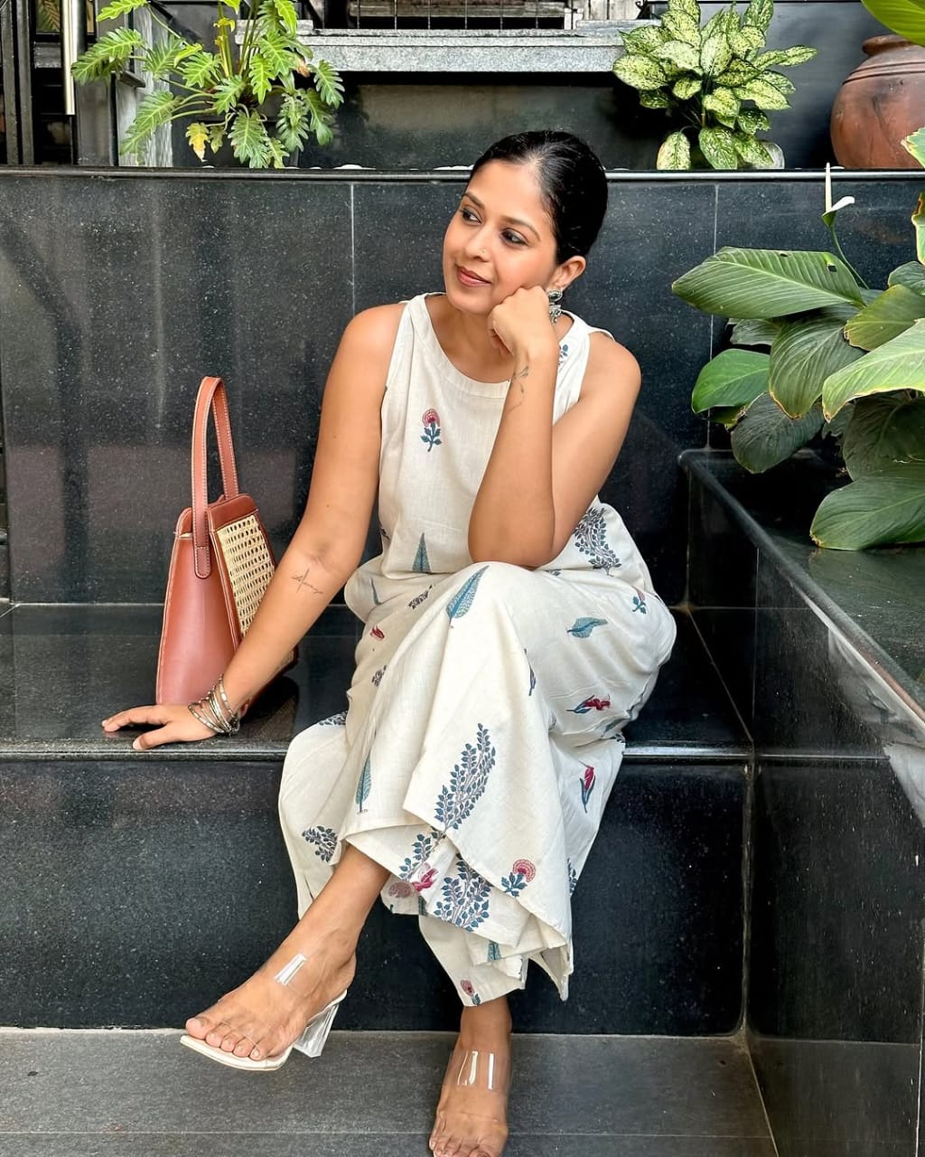Off-White Cotton Floral Block Print Kurta Pant Set For Women