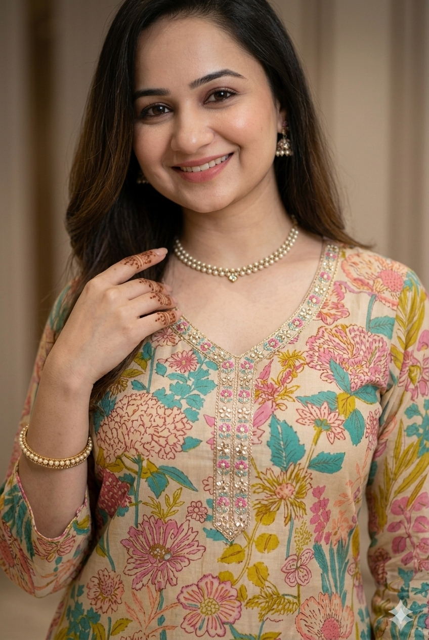 Floral Printed Cotton Kurta Set with Afghan Pants & Sheer Dupatta