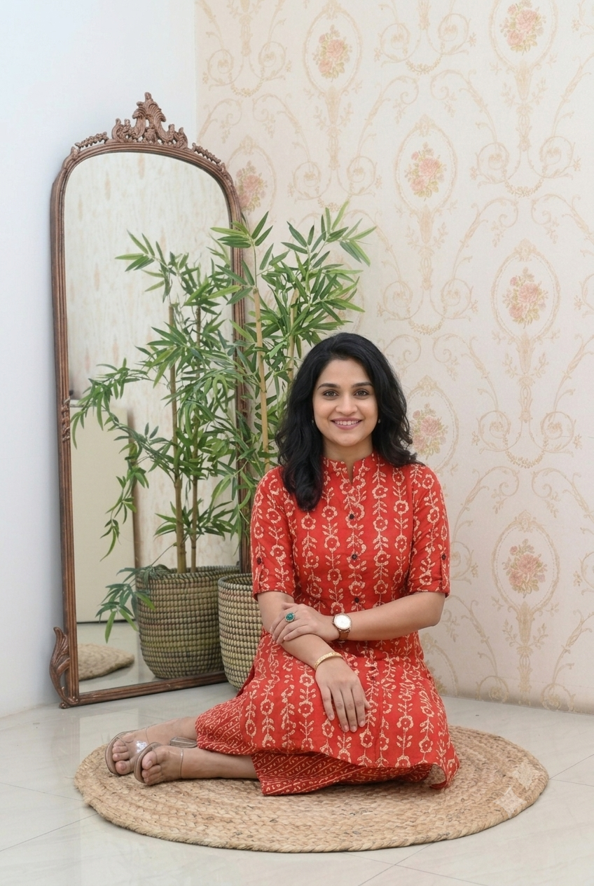 Red Cotton Printed Straight Kurta with Pant Set
