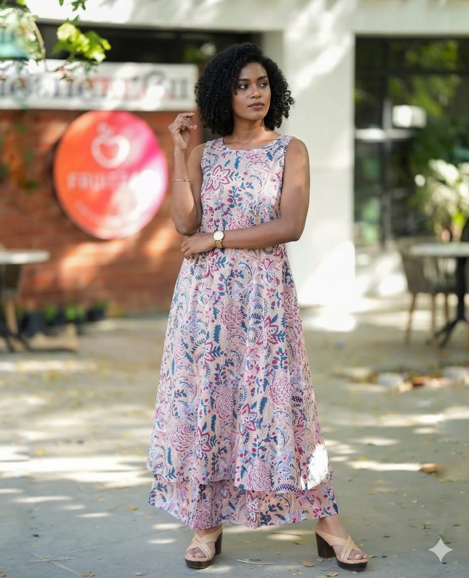 Elegant Floral Print Sleeveless Kurti with Matching Palazzo Set